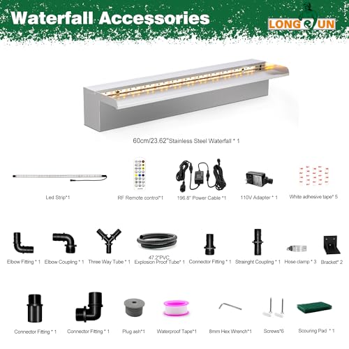 LONGRUN Waterfall Pool Fountain, Updated 5.9'' Wider Open Lip Stainless Steel Waterfall Spillway, Decorative Water Feature for Swimming Pools, Koi Ponds, Spa & Garden - 23.6'' - size: 23.6 inch Stainless Steel(Short-beaked)
