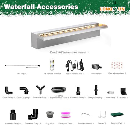 LONGRUN Waterfall Pool Fountain, Updated 5.9'' Wider Open Lip Stainless Steel Waterfall Spillway, Decorative Water Feature for Swimming Pools, Koi Ponds, Spa & Garden - 23.6'' - size: 23.6 inch Stainless Steel(Short-beaked)