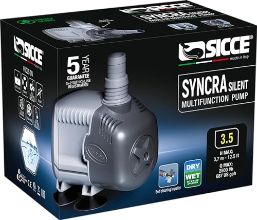 SICCE Syncra Silent 3.5 Multifunction 687 GPH Submersible Water Pump | Italian Made 68W Ultra Quiet Durable Aquarium Fish Tank, Fountain, Pond, Hydroponics, Terrarium Black | Freshwater & Saltwater - size: Syncra Silent 3.5