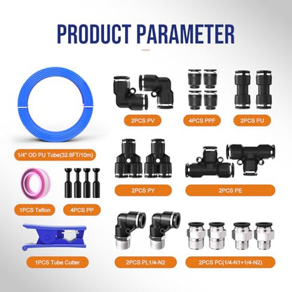 1/4 OD Inch Air Line Hose Tubing Kit Poly Airline Blue | Polyurethane Compressed Pneumatic Compressor Repair Kit With Push To Connect Fittings - color: Blue, size: 1/4" OD