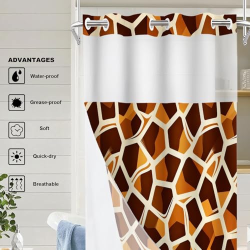 Brown Giraffe Print No Hooks Shower Curtain with Snap in Liner Set, Abstract Animal Skin Tub Curtainn Mesh Top Window & Magnetic Hem Waterproof 35.5X74 Inch - color: Brown Giraffe Print 1 Brown03, size: 35.4"W x 74"L (Pack of 1)