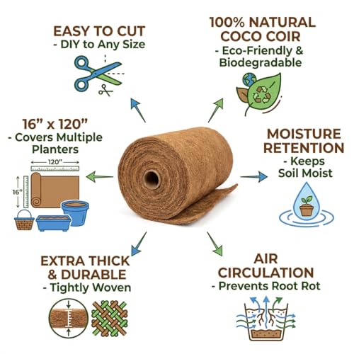 Coco Coir Liner, 16x120 inch Natural Coconut Liners for Planters Flower Basket, Coconut Fiber Mat Garden Decoration Animal Pet Pad Reptile Carpet Snow Mat