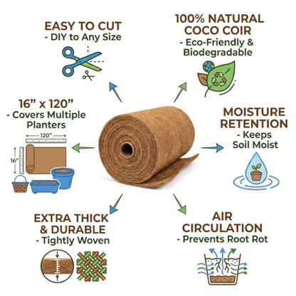 Coco Coir Liner, 16x120 inch Natural Coconut Liners for Planters Flower Basket, Coconut Fiber Mat Garden Decoration Animal Pet Pad Reptile Carpet Snow Mat