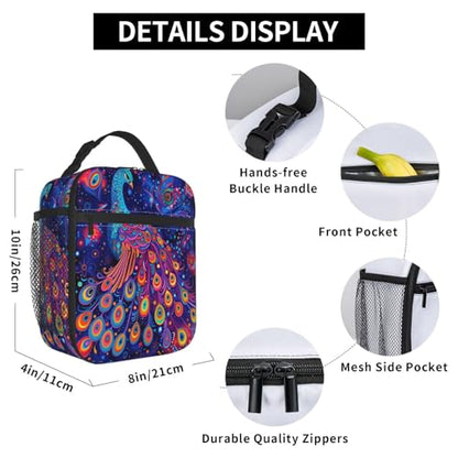 Neon Peacock Art Adult Insulated Lunch Bag, Portable Thermal Cooler Tote With Pockets, Durable Polyester Lunch Box With Handle For Work, Office, Travel - color: Style 2
