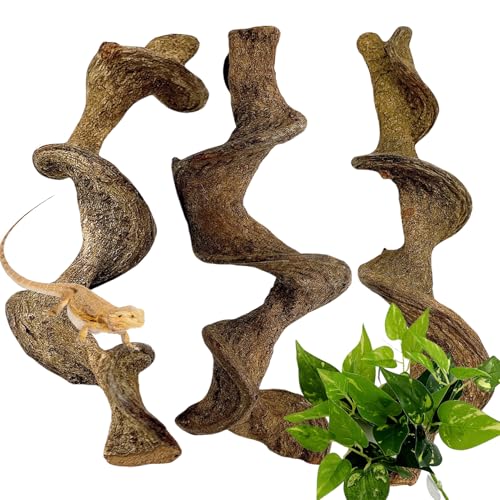 BNOSDM 3PCS Natural Reptile Climbing Branches Decor,1.2-1.8" Thick Natural Snake Climbing Forest Wood with Plant Leaf Decor,Lizard Forest Branch,Geckos Tank Tree Trunk Accessories for Bearded Dragons - size: 3PCS|M:1.25-1.75"T,13"H