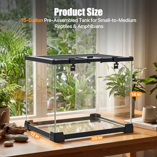 15 Gallon Fully Assembled Glass Reptile Enclosure, 20" x 12" x 14" | Escape-Proof Top Opening Terrestrial Reptile Terrarium Tank for Leopard Geckos, Corn Snakes, Frogs & Hermit Crabs - size: 20"L x 12"W x 14"H