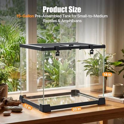 15 Gallon Fully Assembled Glass Reptile Enclosure, 20" x 12" x 14" | Escape-Proof Top Opening Terrestrial Reptile Terrarium Tank for Leopard Geckos, Corn Snakes, Frogs & Hermit Crabs - size: 20"L x 12"W x 14"H