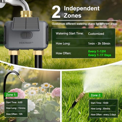 120FT WiFi Solar Drip Irrigation System, Dual Zone Timer | App Control, Solar and USB Power, Dual-Zone Watering for Garden, Greenhouse, Patio, Balcony and Potted Plants - size: 120-Foot Dual-Tube Brass Solar Wireless Timer