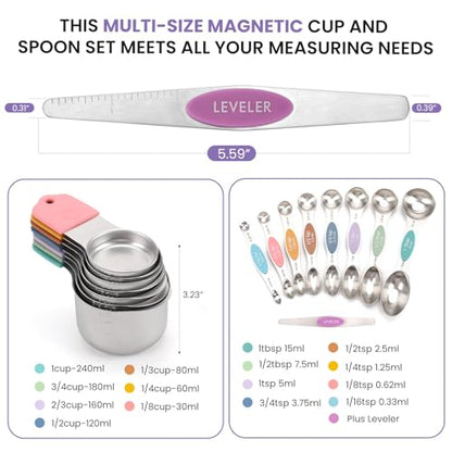 HOUJIP Magnetic Measuring Cups and Spoons Set-304 Stainless Steel,Colors | Double Measurement Markings,BPA-Free,Set of 16 with Leveler for Measuring Dry and Liquid Ingredients - color: Color