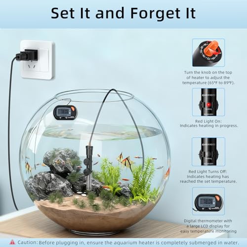 HiTauing Aquarium Heater 25W/50W/100W/200W/300W, Adjustable Knob Fish Tank Heater with Digital Thermometer, Submersible Betta/Turtle Tank Heater for Freshwater and Saltwater Tanks - size: 25W for 1-5 gallon