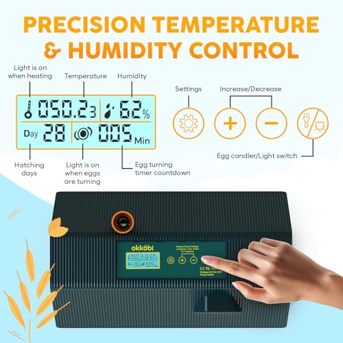 Okkobi M10 Incubator for Hatching Eggs - Ideal for All Ages - Automatic Turner and Humidity Control - Integrated Candler - 10 Eggs - Green & Yellow
