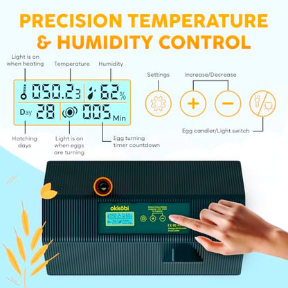 Okkobi M10 Incubator for Hatching Eggs - Ideal for All Ages - Automatic Turner and Humidity Control - Integrated Candler - 10 Eggs - Green & Yellow