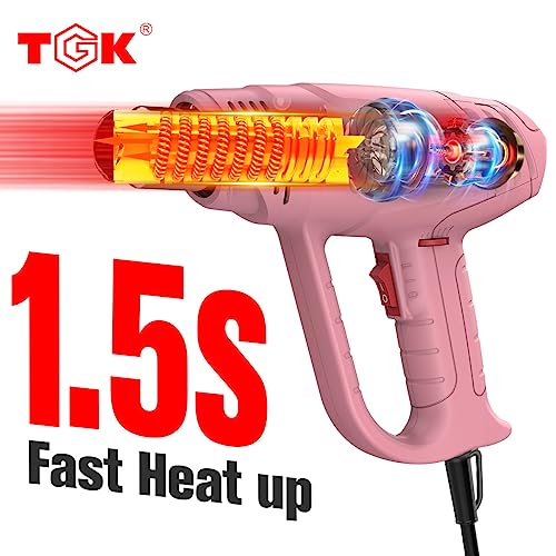 Heat Gun, TGK® 1800W Heavy Duty Hot Air Gun Kit 122℉~1202℉ Dual Temperature Settings with 6 Nozzle Attachments Overload Protection for Crafts, Shrink Wrapping/Tubing, Paint Removing, Epoxy Resin - color: Pink