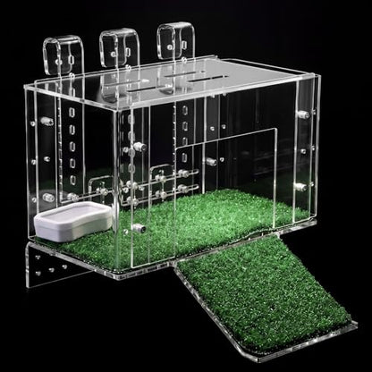 Gerrii Adjustable Turtle Basking Platform with Non-Slip Artificial Grass Ramp, 11.2 x 6.3 x 5.5 in Clear Acrylic Aquatic Turtle Topper Tank, Hanging Reptile Resting Dock with Feed Bowl for Aquarium