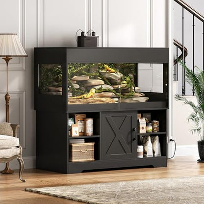 120 Gallon Reptile Tank with Stand,4x2x2 Reptile Enclosure | Snake Enclosure with Outlets,Cabinet,Sliding Door,Reptile Terrarium Bearded Dragon Tank for Lizards,Geckos Black CAGE008B