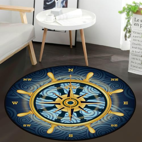 keepcute 6 ft Round Compass Rose Area Rug Nautical Non Slip Floor Mat - color: Gold Compass Rose, size: 6' (Round)