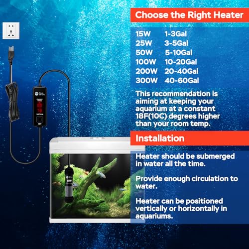 AquaMiracle 15W Small Aquarium Heater Fish Heater, Super Mini Fish Tank Heater Turtle Tank Heater for 1-3 Gal Tanks, with Dual LED Display, Dry-Run/Overheating Protection & Memory Function - size: 1-3 Gal Tanks