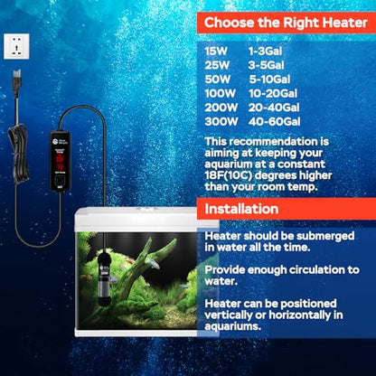 AquaMiracle 50W Small Aquarium Heater Fish Heater, Super Mini Fish Tank Heater Turtle Tank Heater for 5-10 Gal Tanks, with Dual LED Display, Dry-Run/Overheating Protection & Memory Function - size: 5-10 Gal Tanks
