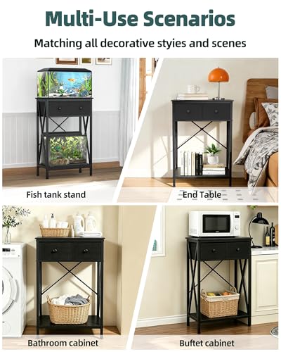 Fish Tank Stand with Drawer, 5-10 Gallon Aquarium Stand Easy Assemble | Stable Metal Frame, 2-Tier Breeder Reptile Turtle Terrarium Table Fits Office Home, 19.4"x11" MDF Tabletop, 220 lbs Capacity - color: Black, size: 5-10 Gallon