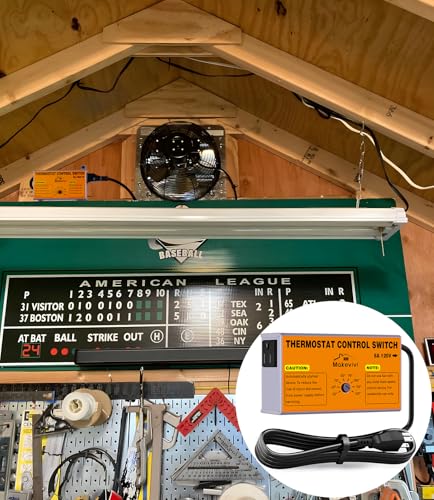 Attic Fan Thermostat Control, Plug & Play Socket Design, 5Ft | UL-Certified Cord, Precision Temperature Control (±1.8°F), 1600W Overload Protected, Garage Workshop Greenhouse Chicken Coop