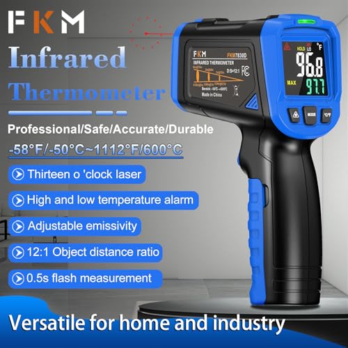 FKM Infrared Thermometer Gun -58°F~1112°F,Non Contact Laser Thermometer Gun | Adjustable Emissivity,Digital IR Temperature Gun for Kitchen Cooking,Griddle,Pizza Oven,HVAC,Engine,Industrial,Not for Human - color: Blue