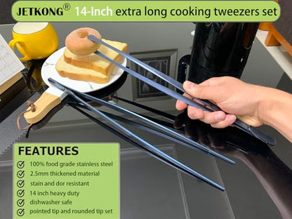 JETKONG 2 Pcs 14-Inch Cooking Tweezer Tongs Extra- Long Stainless Steel Kitchen Tweezers Plating Tongs (Navy Blue) - color: Navy Blue, size: 14+14 Inch