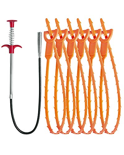 Hair Drain Clog Remover Tool – 6 × 25-Inch Sink Snake + 1 × 24-Inch Drain Cleaner Tool, Plumbing Snake for Shower, Toilet, Kitchen Sink & Tub – 7-Piece Hair Removal Tool Set