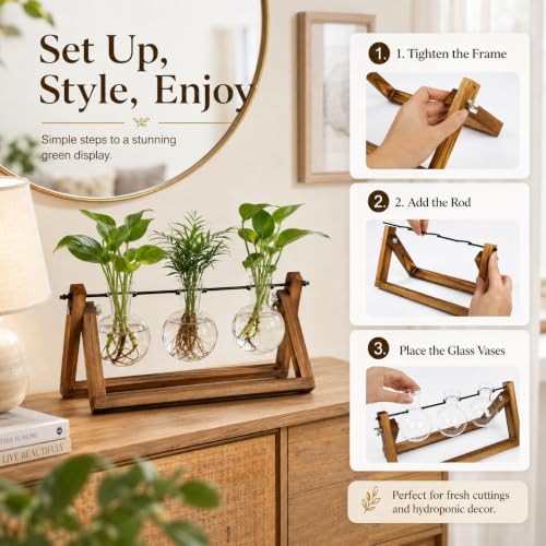 Plant Propagation Station, Plant Terrarium with Wooden Stand | Unique Gardening Birthday Gifts for Women Plants Lovers, Home Office Garden Decor Planter - 3 Bulb Glass Vases - size: 3 Bulb Vase