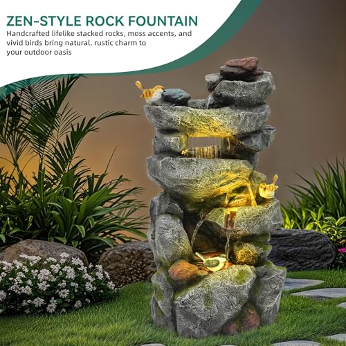 31.5" Multi-Tier Rock Outdoor Water Fountain with LED Lights, Cascading Waterfall with Birds for Garden Patio Porch, Weather-Resistant Resin Water Feature for Tranquil Oasis - color: 31.5"h Weathered Gray