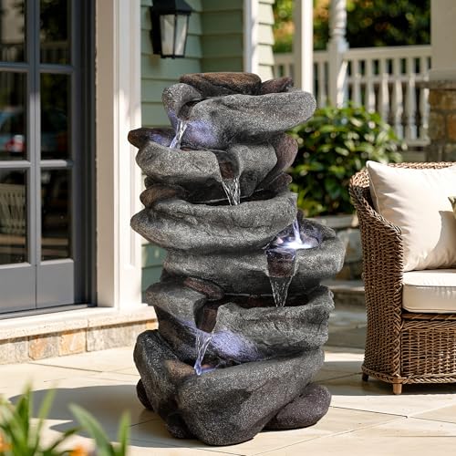 20" H Rock Outdoor Water Fountain with LED Lights | Unique 5-Tier Cascading Waterfall for Garden Patio Yard, Weather-Resistant Polyresin Water Feature for Tranquil Zen Oasis - color: 20"h-rock Gray
