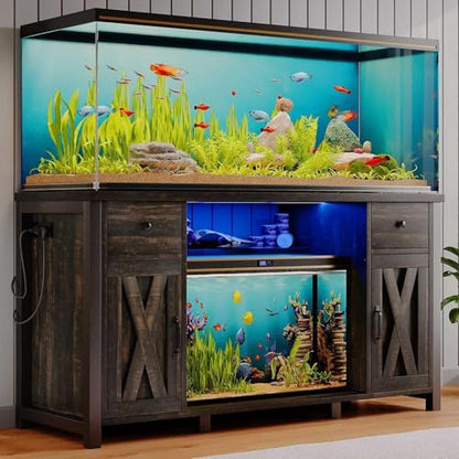 55-75 Gallon Fish Tank Stand, Aquarium Stand with Storage, Dark Oak | 52 x 20 In Top, Farmhouse Turtle Tank Stand, 2 Drawers & 2 Barn Doors, LED Light, Power Outlets, Shelf Storage, Heavy Duty - color: Dark Oak