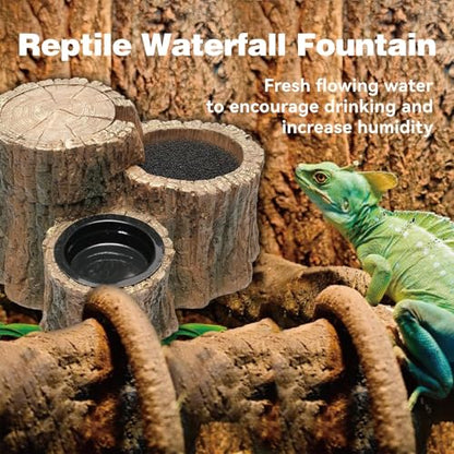 Reptile Water Fountain with Food Dish Terrarium Drinking Fountain for Bearded Dragon, Gecko, Chameleon, Lizard, Tree Frog & Turtle Keeps Water Clear, Easy to Use Water Dispenser