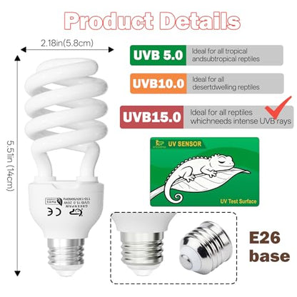 UVB Light for Reptiles 15.0: 26W UVA UVB Reptile Light Bulb for Intense Desert Species - Reptile UVB Light Terrarium Compact Fluorescent Lamp for Reptile and Amphibian with Free UV Sensor Card - size: 6.5INCH-15.0