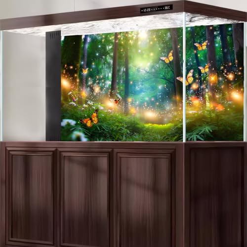 Fantasy Forest Aquarium Background Glowing Butterflies Lush Green Trees Fish Tank Background Fairy Tale Woodland Terrarium Backgrounds Tranquil Lake Green Meadow Reptile Tank Backgrounds 24x12in - color: Warm Green, size: 24(W)x12(H)in