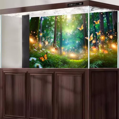 Fantasy Forest Aquarium Background Glowing Butterflies Lush Green Trees Fish Tank Background Fairy Tale Woodland Terrarium Backgrounds Tranquil Lake Green Meadow Reptile Tank Backgrounds 24x12in - color: Warm Green, size: 24(W)x12(H)in