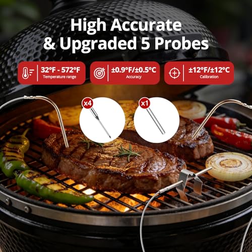 Smoker Temperature Controller for Big Green Egg, 5G WiFi & 164FT Bluetooth Automatic BBQ Fan with LCD Screen, 5 Probes, Overnight Cooking Grill Fan for Kamado, Weber, Ceramic Charcoal Grills