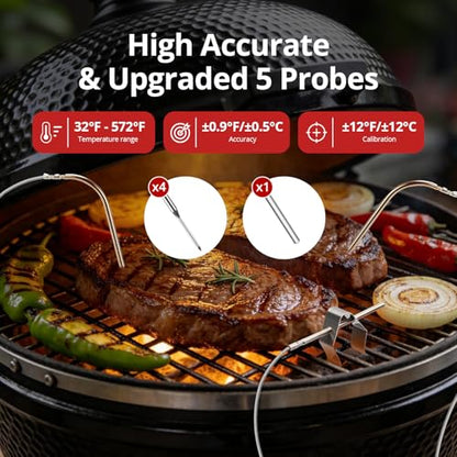 Smoker Temperature Controller for Big Green Egg, 5G WiFi & 164FT Bluetooth Automatic BBQ Fan with LCD Screen, 5 Probes, Overnight Cooking Grill Fan for Kamado, Weber, Ceramic Charcoal Grills