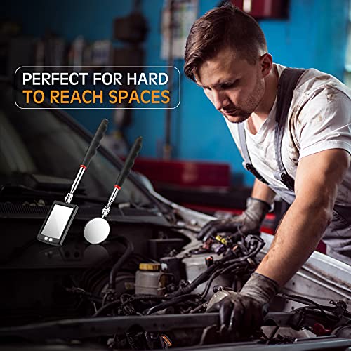 Frienda 2 Pcs LED Telescoping Inspection Mirror, Flexible Round Mirror Tool | Extendable Handle, Lighted Mirror Head, Flexible Neck, Auto Mechanic, Hard-to-Reach Area Inspection