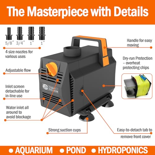 AquaMiracle 600GPH Aquarium Water Pumps (2270L/H, 35W) Fountain Pump Pond Pump Submersible Water Pump with Flow Control for Fountain, Waterfall, Statuary, Filtration, Water feature, Hydroponics - size: 600GPH