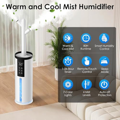 Humidifier for Large Room, 2.11Gal Cool & Warm Mist,Top Fill, 80H | Home Humidifier with Humidistat, 4 Mist Level,up to 650 ft² Coverage,Auto Mode,Quiet Humidifier for Bedroom,Commercial,Plant - color: Lvory