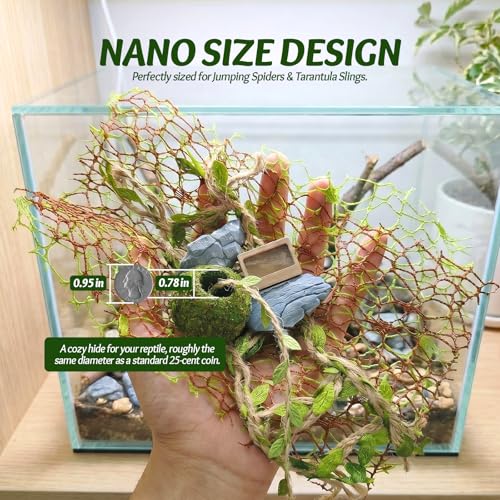 Jumping Spider Enclosure Accessories Kit - Magnetic Moss Ball Hideout, 2 Rock Ledges, Feeding Bowl, Climbing Mesh Nets & Rope Ladder - Natural Forest Habitat Decor for Regal (Moss Cave with Rope) - size: Moss Cave with Rope