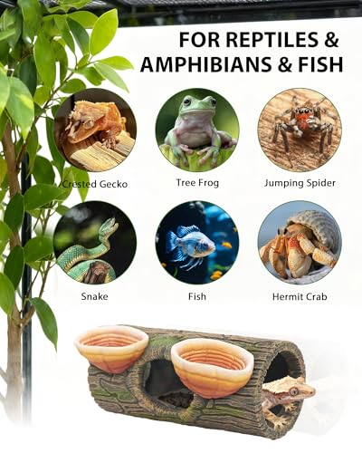 2 in 1 Magnetic Crested Gecko Hide, Reptile Hideout & Water Dish Food Bowl, Resin Hollow Log Cave, Reptile & Amphibian Habitat Hideouts