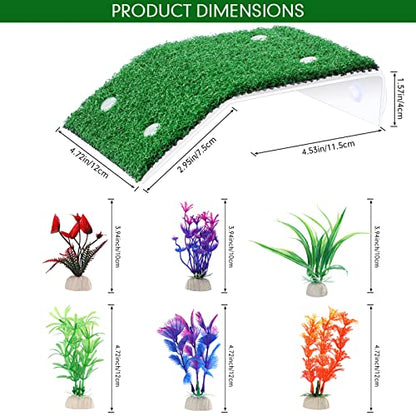 2 Pcs Turtle Basking Platform Ramp Medium Tortoise Terrace Resting Ladder Simulation Lawn and 6 Pcs Artificial Plastic Aquarium Plants Turtle Tank Accessories Decorations for Small Reptile Turtle