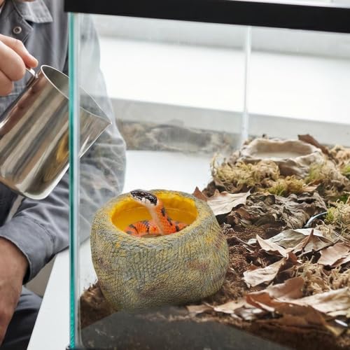 Resin Reptile Feeding Water Bowl with Wide Non-Slip Base | for Bearded Dragons, Gecko & Frog Compatible, Soaking & Drinking, Natural Rock Texture, Cage Decor