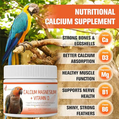 Calcium for Birds with Magnesium & Vitamins D3–Vet-Developed Formula for Parrots, Supports Strong Bones, Eggshell Health,Feather Growth,Muscle & Nerve Function,Dissolves Tasteless in Water,80 Servings