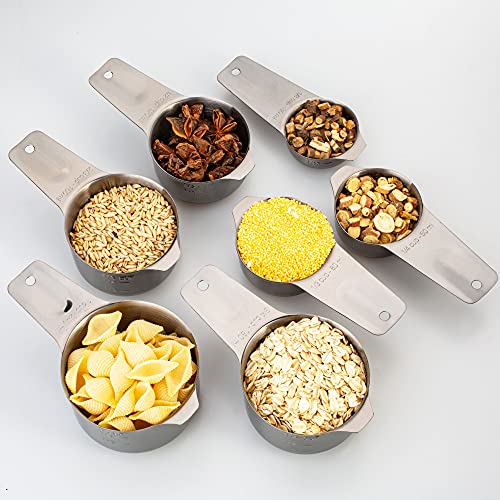 7-Piece 18/8 Stainless Steel Measuring Cups Set, Dark Gray | Includes 1/16, 1/4, 1/3, 1/2, 2/3, 3/4 and 1 Cup, Engraved US and Metric Markings, Pour Spouts and Ring Connector - color: Dark Gray, size: 7 Piece