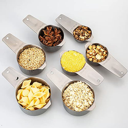 7-Piece 18/8 Stainless Steel Measuring Cups Set, Dark Gray | Includes 1/16, 1/4, 1/3, 1/2, 2/3, 3/4 and 1 Cup, Engraved US and Metric Markings, Pour Spouts and Ring Connector - color: Dark Gray, size: 7 Piece