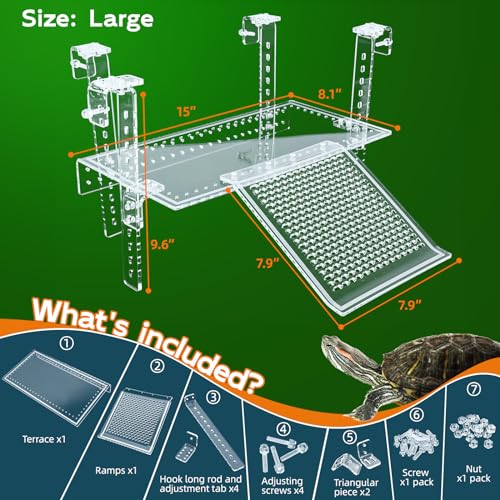 15" Hanging Acrylic Turtle Platform with Ramps | Adjustable hanging acrylic dock with attachable ramps. Solid clamp ensures stable placement on aquatic turtle tank rims - size: 15 x 8.1 Inch