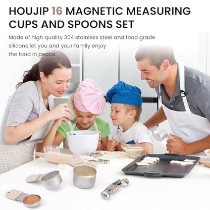HOUJIP Magnetic Measuring Cups and Spoons Set-304 Stainless Steel,Khaki | Double Measurement Markings,BPA-Free,Set of 16 with Leveler for Measuring Dry and Liquid Ingredients - color: Khaki