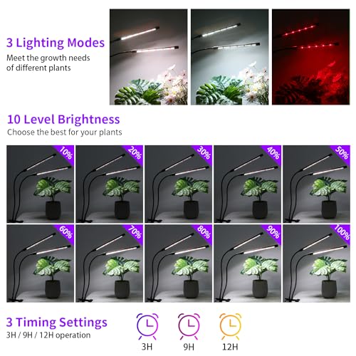 Grow Lights Upgrade 168 LEDs Clip Plant Lights for Indoor Plants, Full Spectrum White+ Red LED Plant Growing Lamps with Flexible Gooseneck, 3/9/12H Timer, 3 Spectral Modes, 10 Dimmable Levels 2 Pack - size: 2 Head 2 Pack